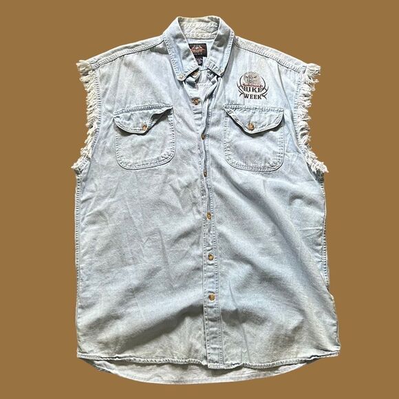 Bike Week Denim Eagle Button Down Sleeveless Shirt - Picture 1 of 6